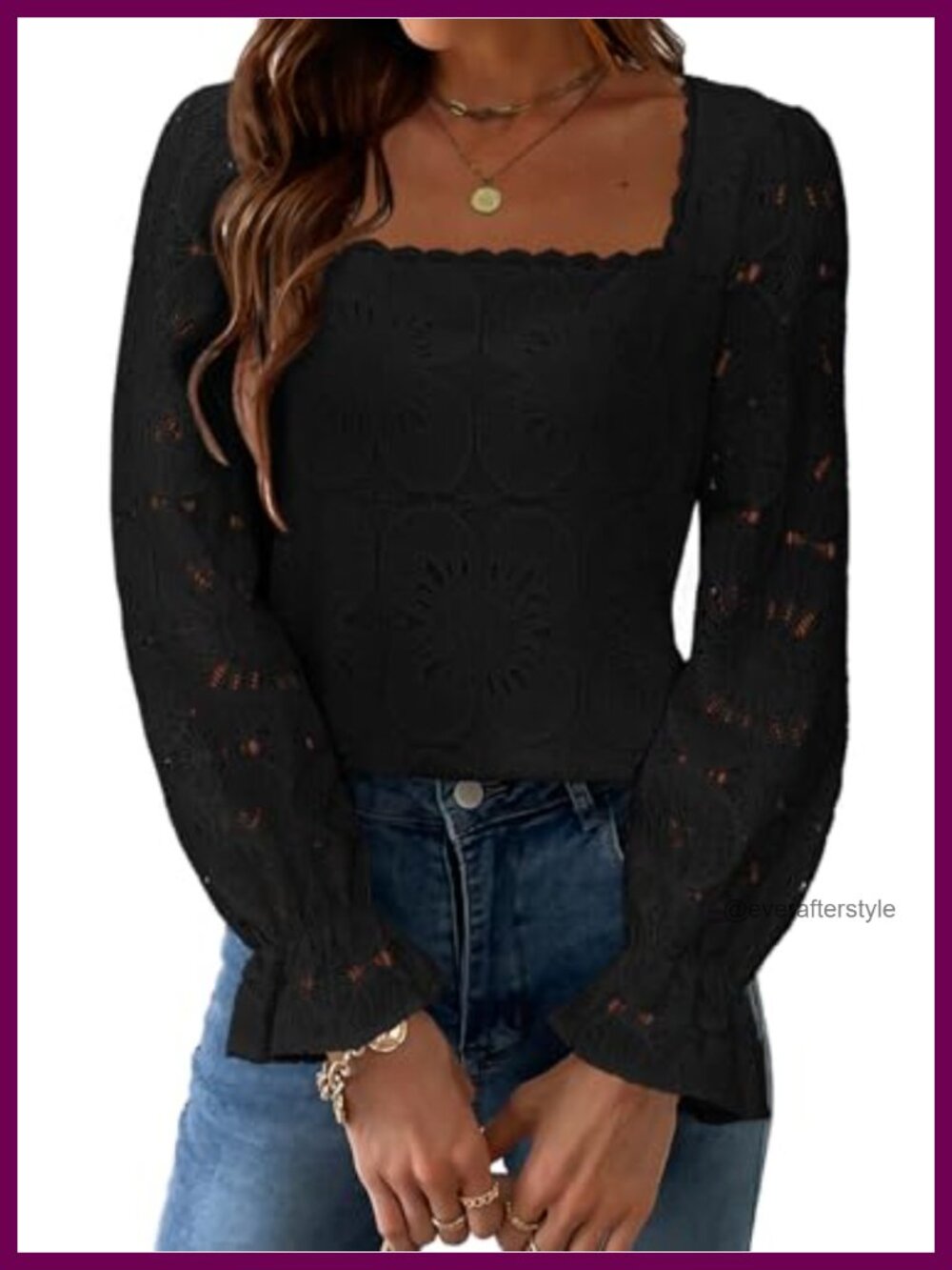 Cotton Nylon Eyelet Square Neck Puff Long Sleeve Boho Blouse